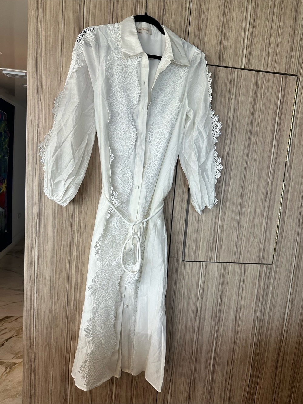 White Lace-Trim Long Button-Down Dress - Picture 10 of 10